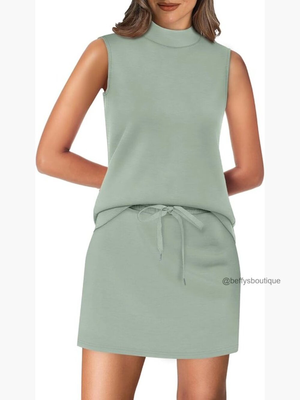 Mock Neck Tank & Tennis Skirt Set, Polyester Blend, Workout & Casual Wear